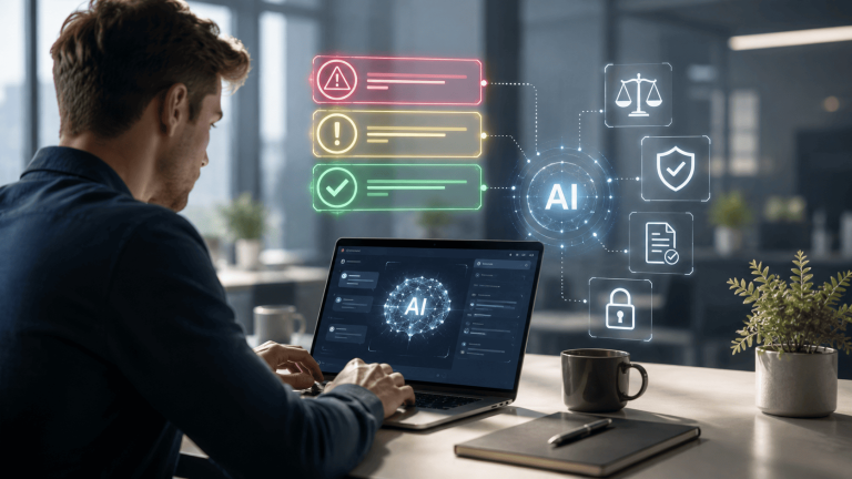 Man in an office sitting in front of his desk working on a laptop with AI symbols on and around it.