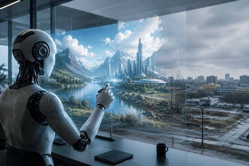KI-Roboter zeichnet auf ein Glas eine schöne Welt, im Hintergrund sieht man die reale, triste Welt draußen.