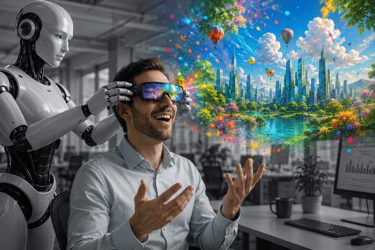 KI-Roboter setzt einem Büroangestellten eine Brille auf die eine bunte Landschaft zeigt