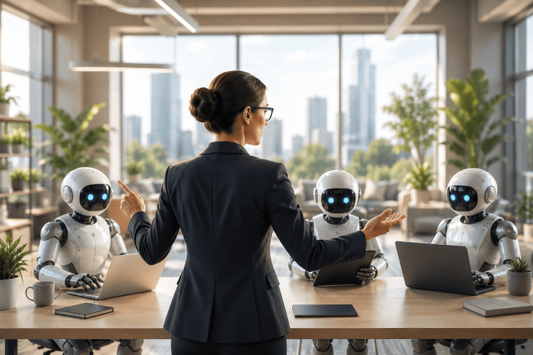 A business woman directing 3 robots in an office