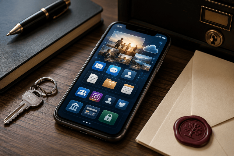 Ein hochwertiges Smartphone liegt auf einem Tisch. Auf dem Display sieht man Fotos, Cloud-Dateien, E-Mail-Symbole, Social-Media-Profile und Finanz-Apps – allerdings dezent und ohne lesbare Markenlogos. Daneben liegen vielleicht ein Schlüsselbund und ein Dokument mit einem Siegel.