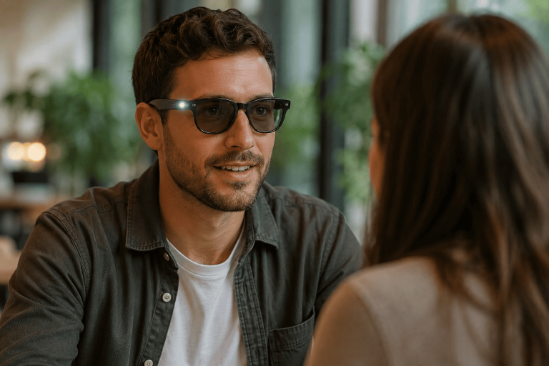 Man with meta glasses filming a woman in front of him